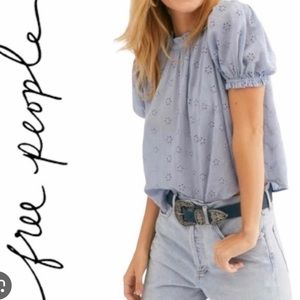 Free People eyelet short puff sleeve open tie back top-NWT